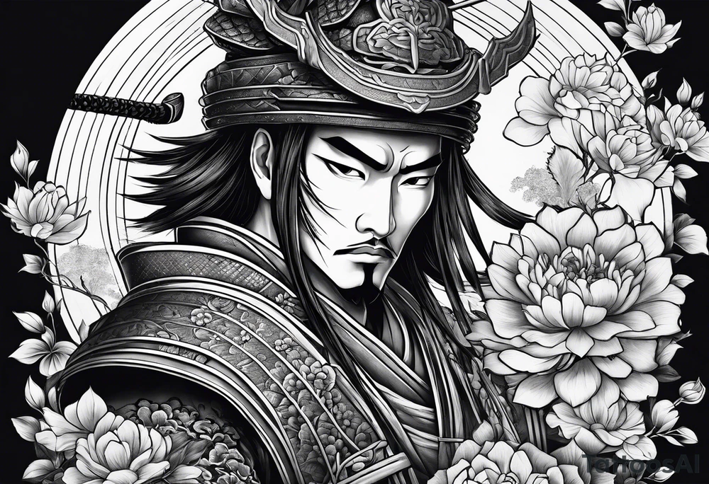 samurai experiencing enlightenment making dead flowers bloom around him tattoo idea