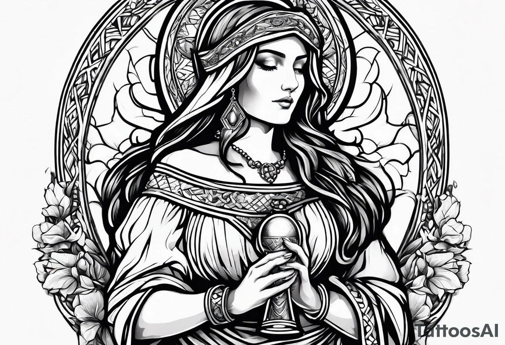 holy saint woman turned away
 holding a chalice tattoo idea
