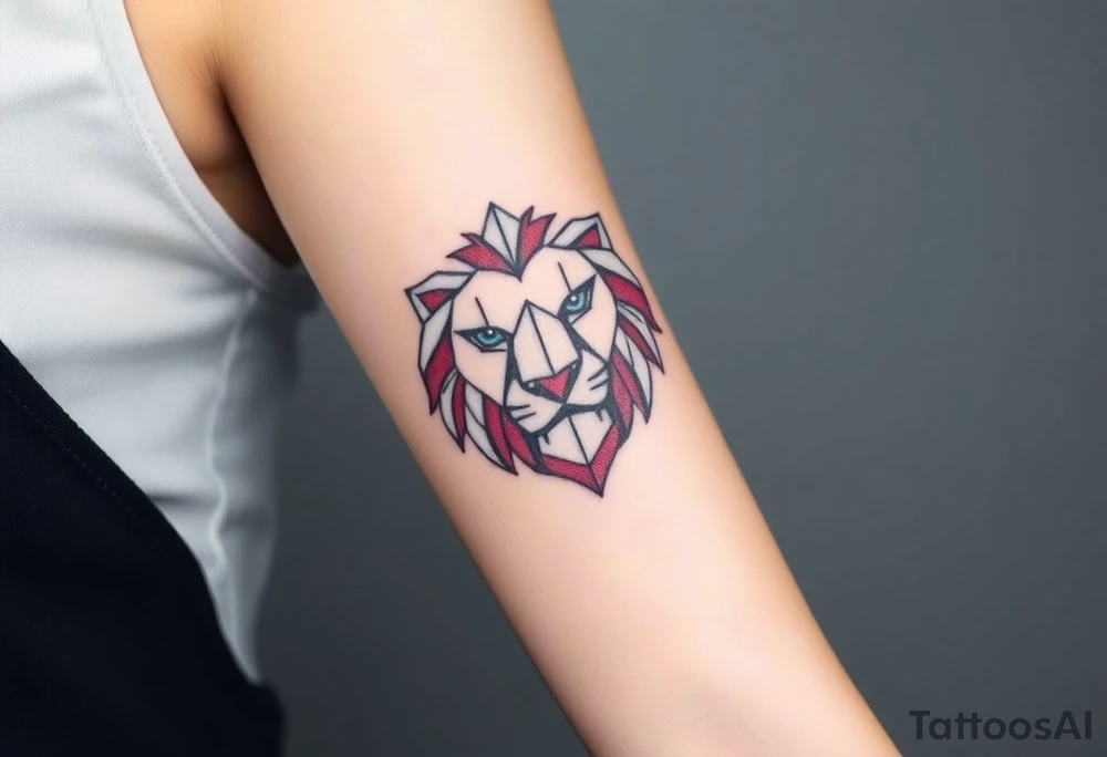 A geometric Czech lion head, designed with sharp, modern lines and accented with red, white, and blue. tattoo idea