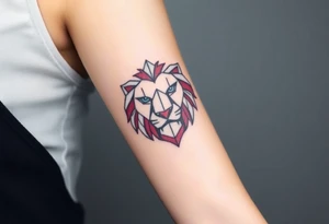 A geometric Czech lion head, designed with sharp, modern lines and accented with red, white, and blue. tattoo idea