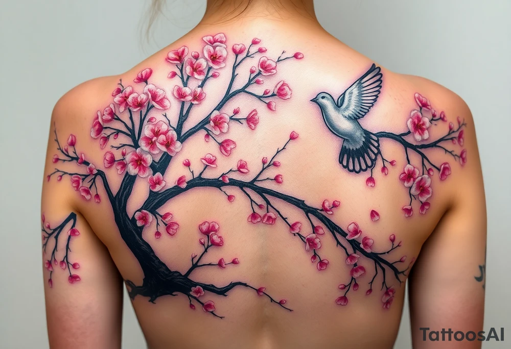 A big weeping, cherry blossom tree on the entire back, there are 2 doves. 1 is a baby Dove, flying into the sky. The second one is A Mom Dove hovering above the ground that’s turning black like she stained with grief. Goth romance 
These are the dates I want dainty in the heavily overflow of weeping cherry blossom branches and leaves March 31, 2024 – July 2, 2024 tattoo idea