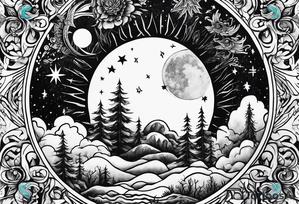 Sun and moon and fire forrest tattoo idea