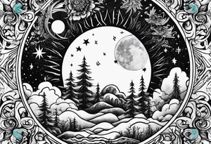 Sun and moon and fire forrest tattoo idea