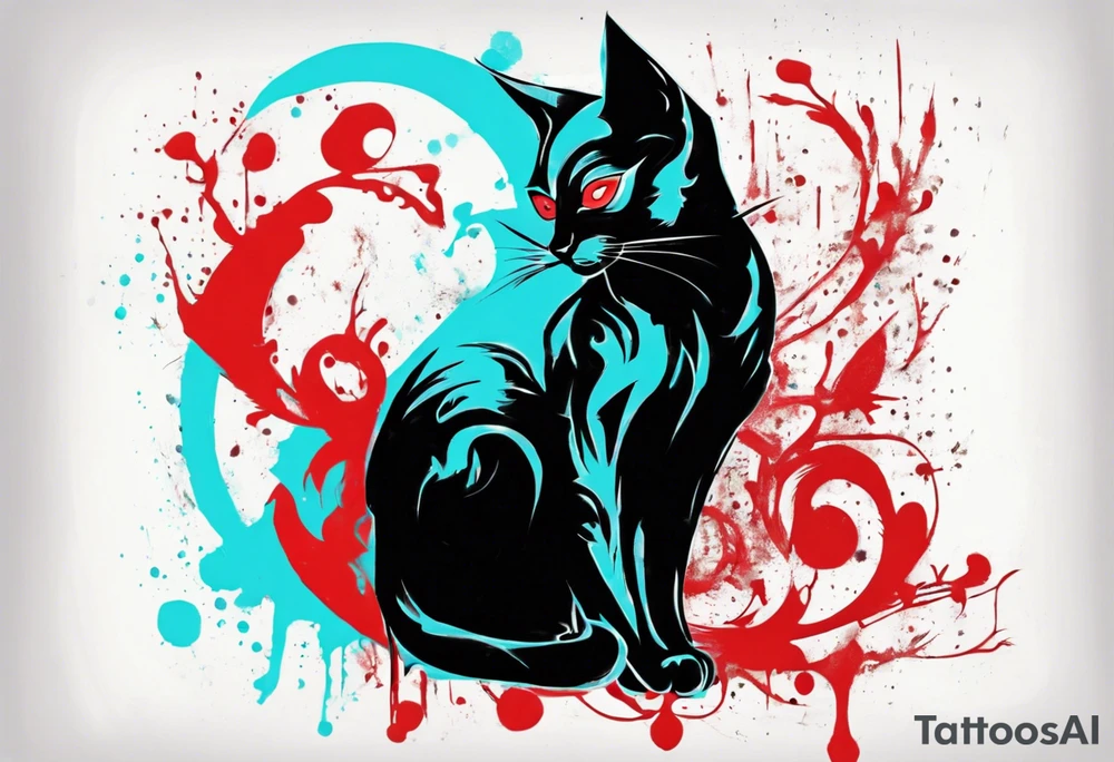 Black cat in the style of Banksy and Xoil, acquarel,  abstract, red and cyan, fractal, tattoo idea