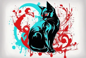 Black cat in the style of Banksy and Xoil, acquarel,  abstract, red and cyan, fractal, tattoo idea