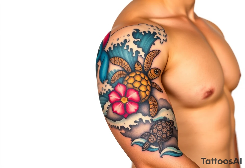 a half sleeve, right side on upper arm, incorporate waves, while adding disney characters lilo and stitch, as well as characters and items from moana, including moana, maui, heihei, pua, heart of tefiti. Making it kind of hawaiian themed, adding some turtles tattoo idea