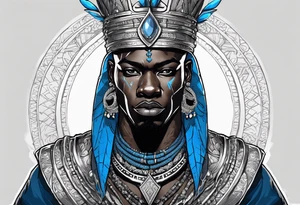 Black-skinned bald african warrior king with a simple silver crown. He uses blue necklaces and has a sword tattoo idea