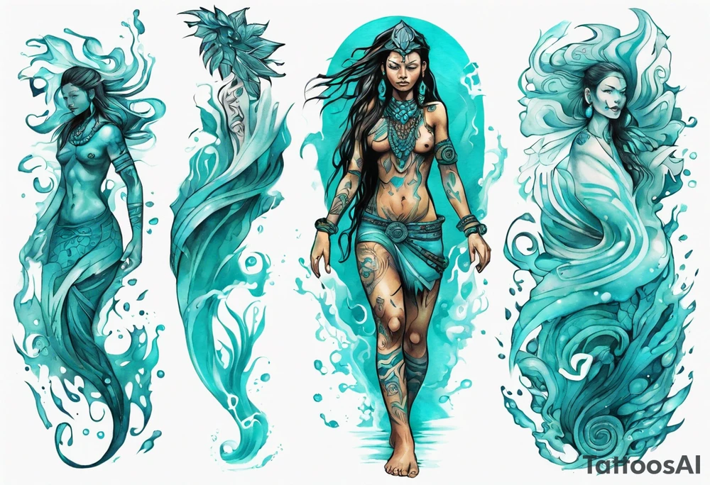 a turquoise Na'vi woman standing in the sea with water for legs surrounded by crashing waves tattoo idea