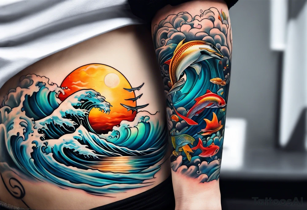 An ocean themed half sleeve without any ocean creatures tattoo idea