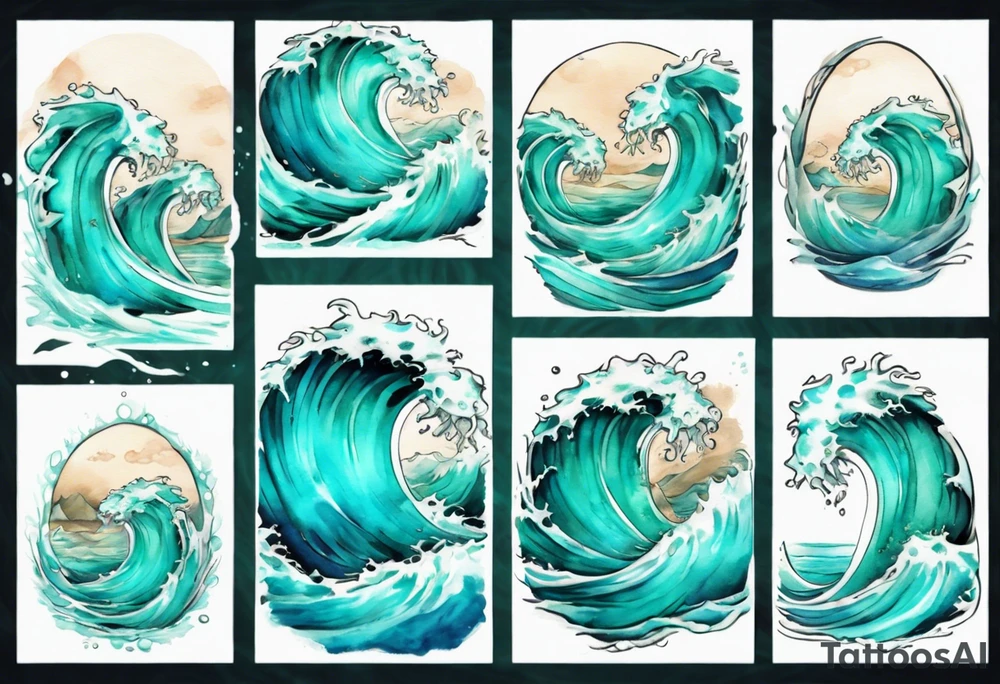 a beautiful chubby turquoise gorgon emerging from an ocean wave, crashing onto the shore tattoo idea