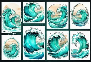a beautiful chubby turquoise gorgon emerging from an ocean wave, crashing onto the shore tattoo idea