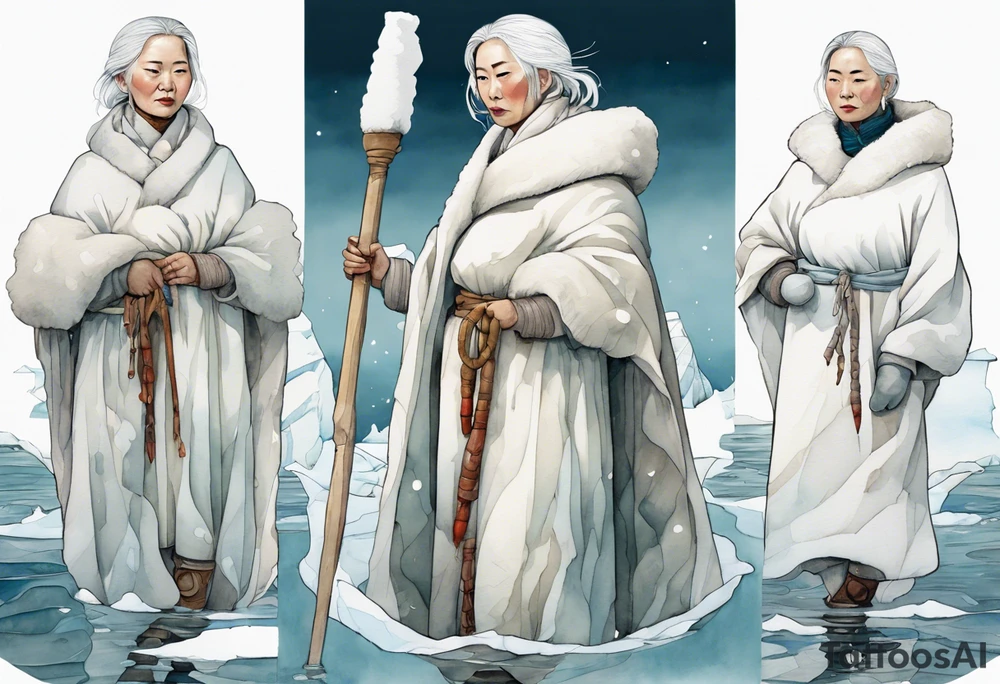 a middle aged Inuit woman with white hair, wearing mittens, wearing a white cloak, holding a white staff, wearing mukluks, standing on an iceberg in the sea tattoo idea