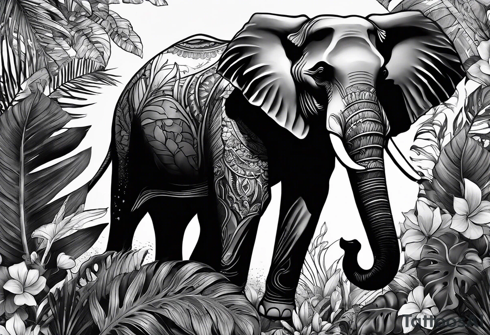 “A majestic elephant with its trunk raised, surrounded by tropical foliage, symbolizing memory and strength tattoo idea