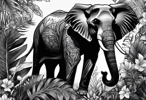 “A majestic elephant with its trunk raised, surrounded by tropical foliage, symbolizing memory and strength tattoo idea