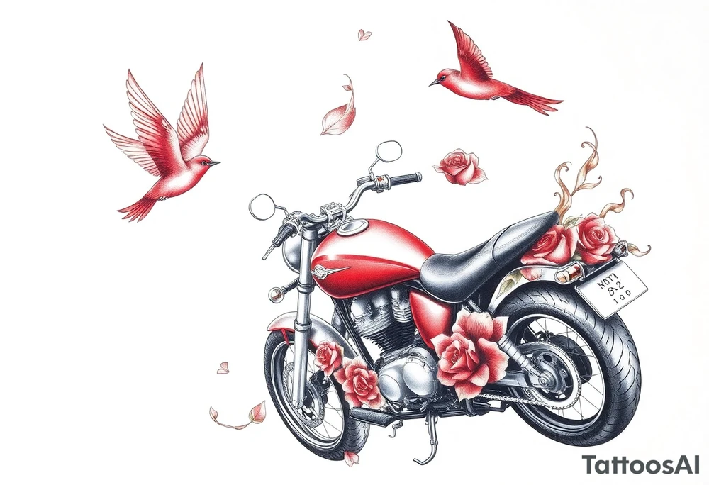 Motorcycle, two red birds flying, roses and lace, flames tattoo idea