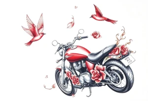 Motorcycle, two red birds flying, roses and lace, flames tattoo idea