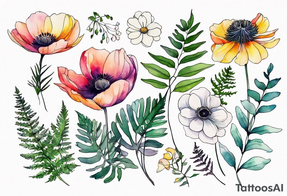 Minimalist Multicolored wild flowers with ferns and white anemone all watercolor tattoo idea