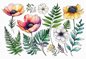 Minimalist Multicolored wild flowers with ferns and white anemone all watercolor tattoo idea