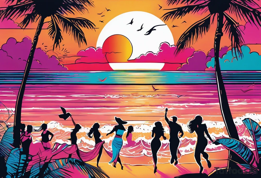 1980's miami vice style beach dance 
party, include confetti, music notes, boom box, bikinis sunset in the center tattoo idea