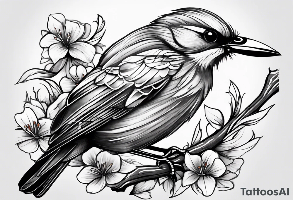Bird powerfully looking while on a branch tattoo idea