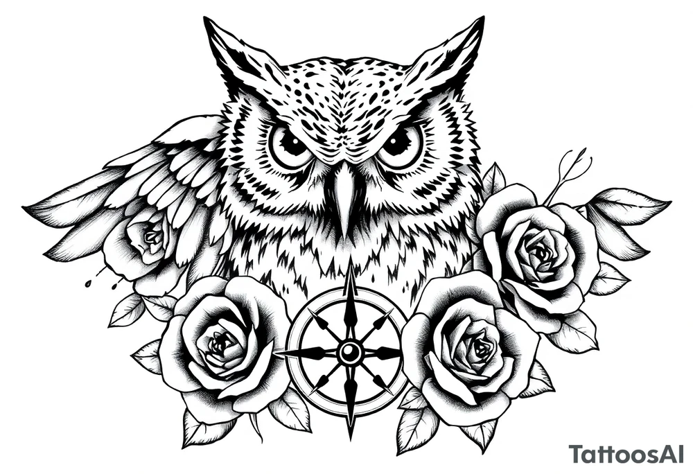an owl,compass,roses, tattoo idea