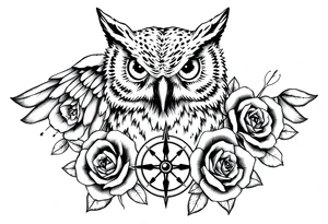 an owl,compass,roses, tattoo idea