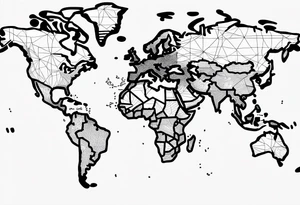 world map, coordinates lines, airplane flying, chip cargo on waves tattoo idea