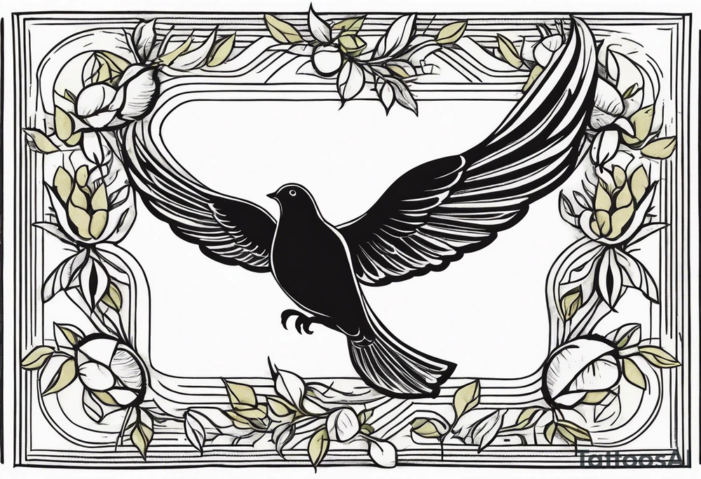 Dove soring through the air clasping an olive branch in its beak. tattoo idea