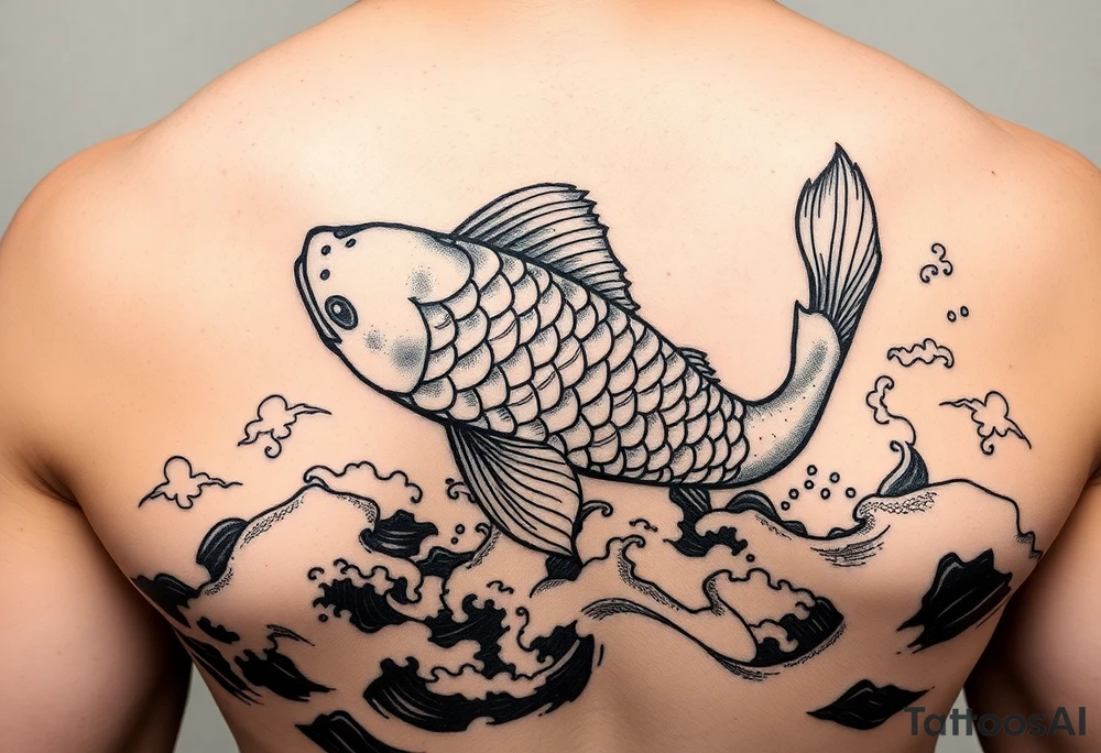 traditional koi fish swimming upstream through turbulent waves tattoo idea