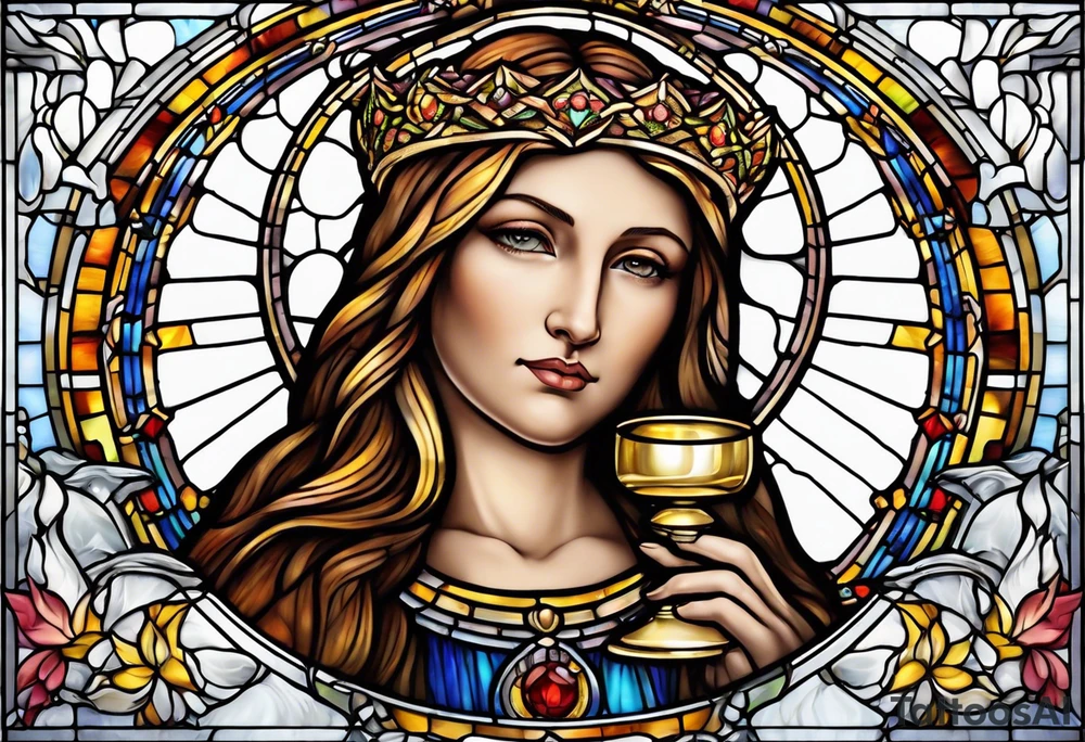 holy saint woman with halo stained glass holding a chalice tattoo idea