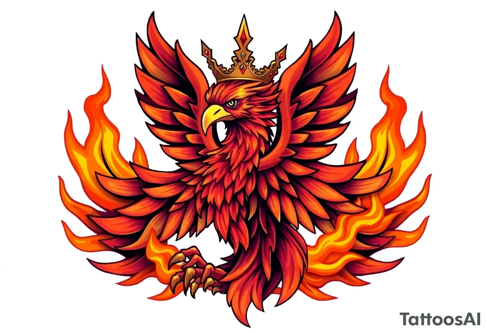 powerful majestic Phoenix with crown, surrounded by flames tattoo idea