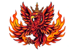 powerful majestic Phoenix with crown, surrounded by flames tattoo idea