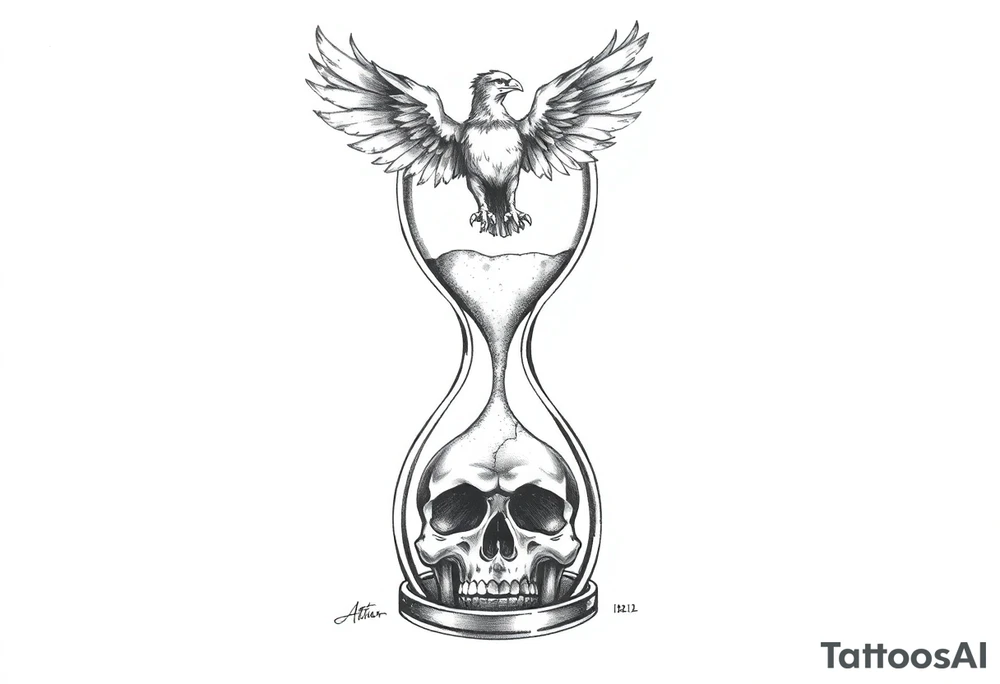 A cracked hourglass with the sands forming a skull below and a phoenix rising from the top. tattoo idea