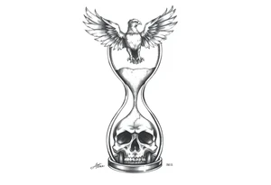 A cracked hourglass with the sands forming a skull below and a phoenix rising from the top. tattoo idea