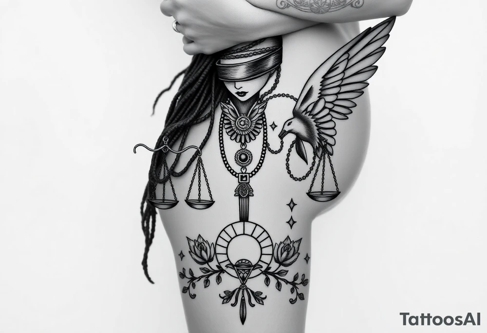 Black Sylph with dreads wearing blind fold and ankh pendant with tattoos holding weighing scales with the sun and moon rose vines surrounding and Anubis guarding tattoo idea