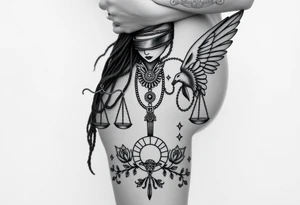 Black Sylph with dreads wearing blind fold and ankh pendant with tattoos holding weighing scales with the sun and moon rose vines surrounding and Anubis guarding tattoo idea