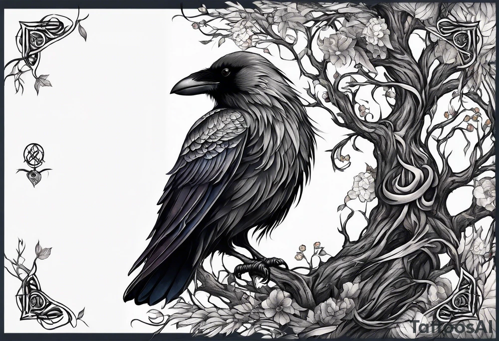 world tree with a raven and urnes style knotwork sleeve tattoo tattoo idea