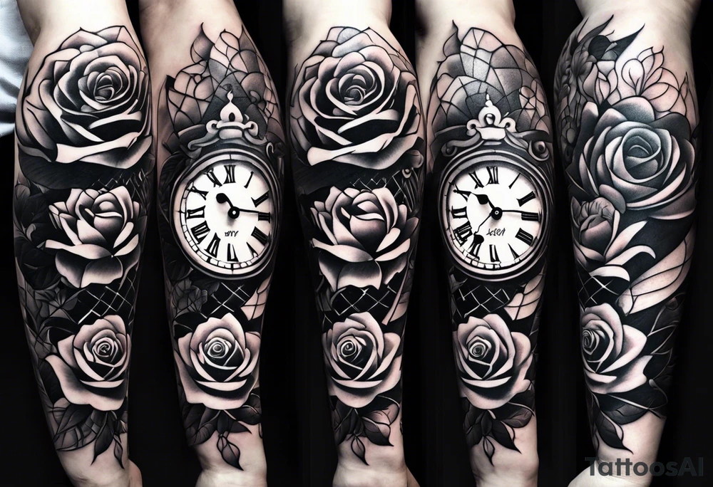 half sleeve forearm tattoo with rose, small clock, lotus flower and dove. white lines wrapped around design tattoo idea