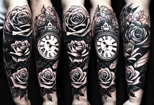 half sleeve forearm tattoo with rose, small clock, lotus flower and dove. white lines wrapped around design tattoo idea