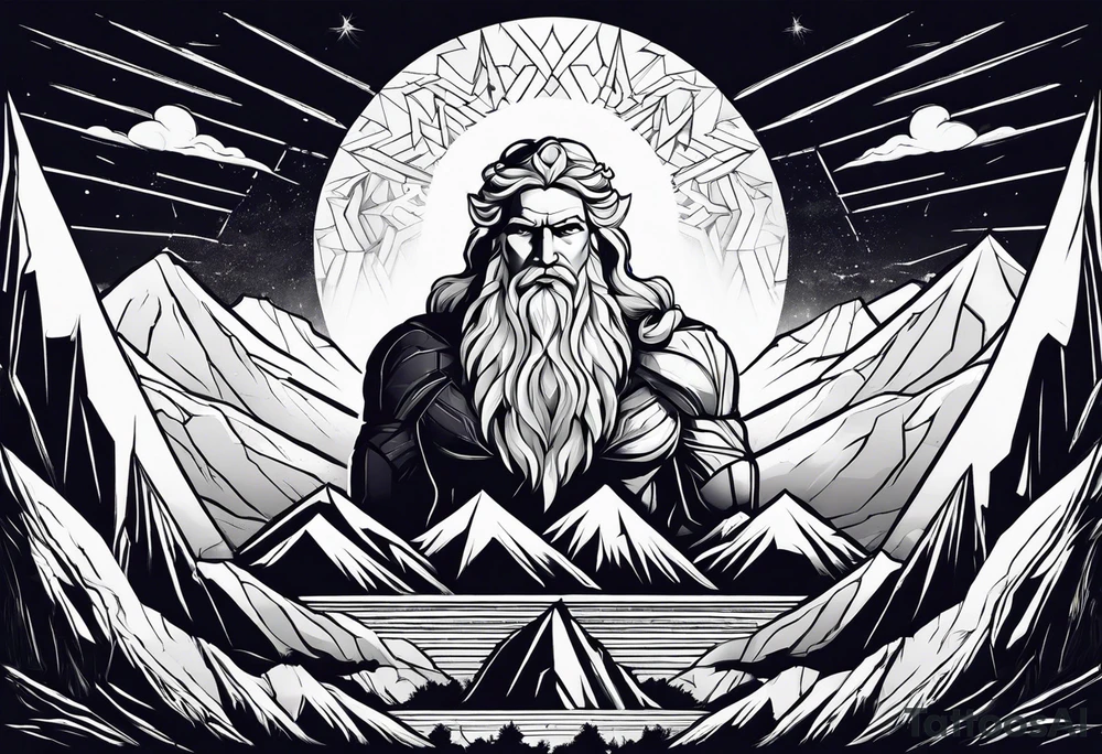 Zeus behind a Mountain View with lightning behind him tattoo idea