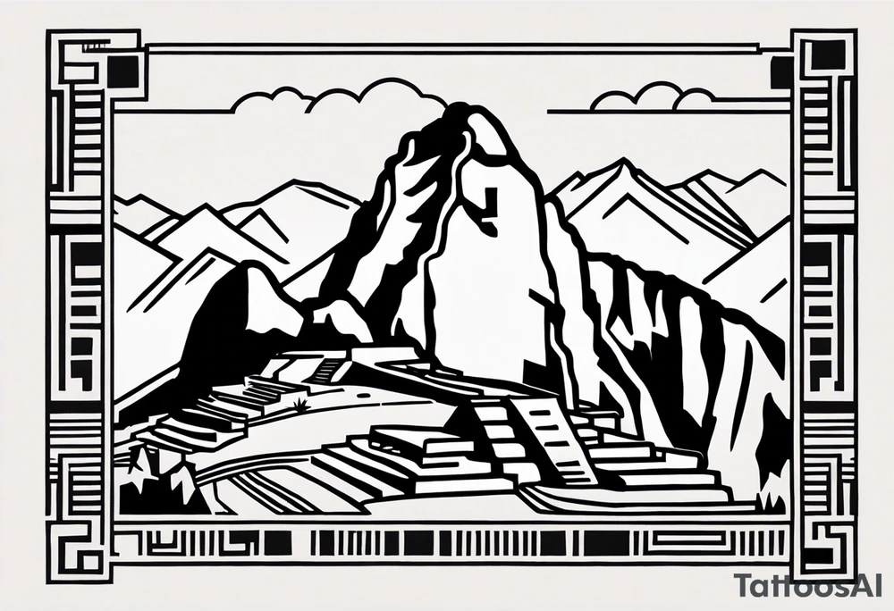 Create a tattoo design in a linear geometric art style depicting images associated with Peru, such as Machu Picchu, llamas or traditional textile patterns. The tattoo should be done in a monochromatic black and white color scheme with clear outlines and minimal details to create an elegant and modern composition. tattoo idea