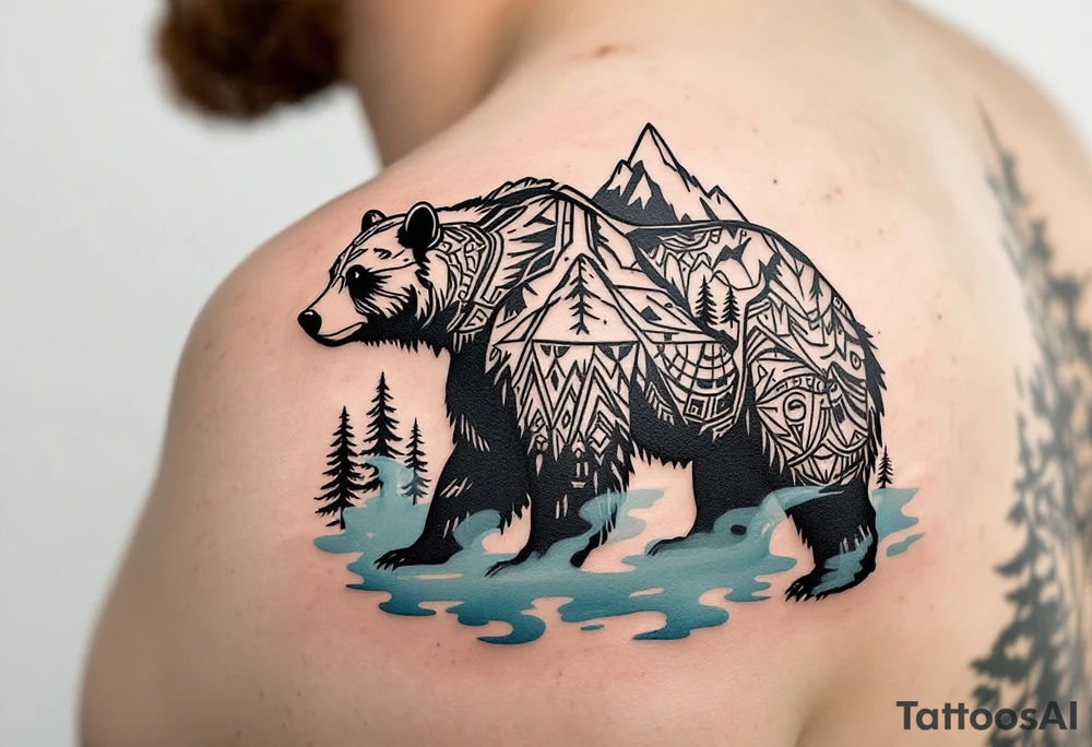 A powerful, majestic bear tattoo with a deep black and brown color palette. The bear is depicted in a standing position, symbolizing strength and protection, with intricate tribal patterns subtly etched along its body, representing its spiritual connection to the earth. TAround the bear, mountain peaks and pine trees form a natural, serene backdrop, while delicate blue mist rises from the ground, tattoo idea