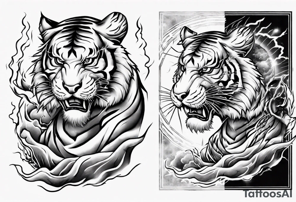 Tiger design with lightning and the sun for a forearm sleeve tattoo idea