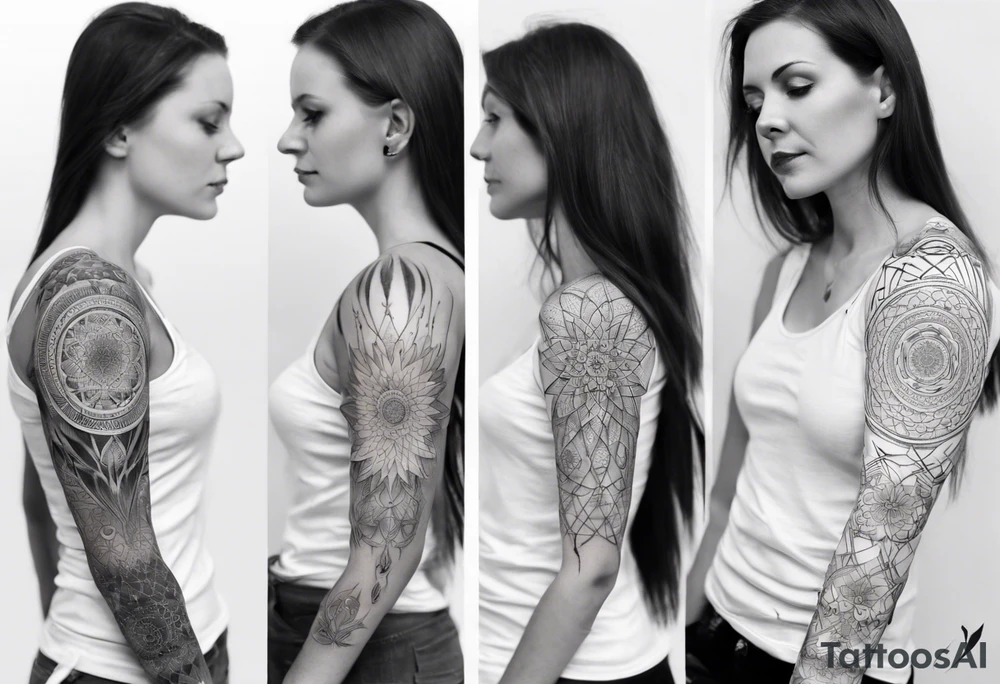Sleeve tattoo on a woman's arm. Phoenix and mandala gold Flower and mandala Metatron's cube sacred geometry tattoo idea