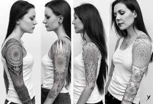 Sleeve tattoo on a woman's arm. Phoenix  and mandala gold Flower and mandala Metatron's cube sacred geometry tattoo idea