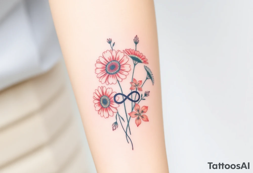 Fine line flower bouquet tattoo with 3 gerbera daisies and other flowers and infinity symbol worked in as part of the design tattoo idea