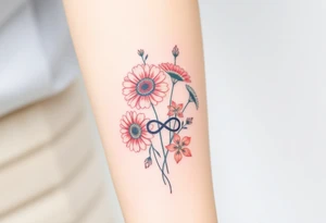 Fine line flower bouquet tattoo with 3 gerbera daisies and other flowers and infinity symbol worked in as part of the design tattoo idea