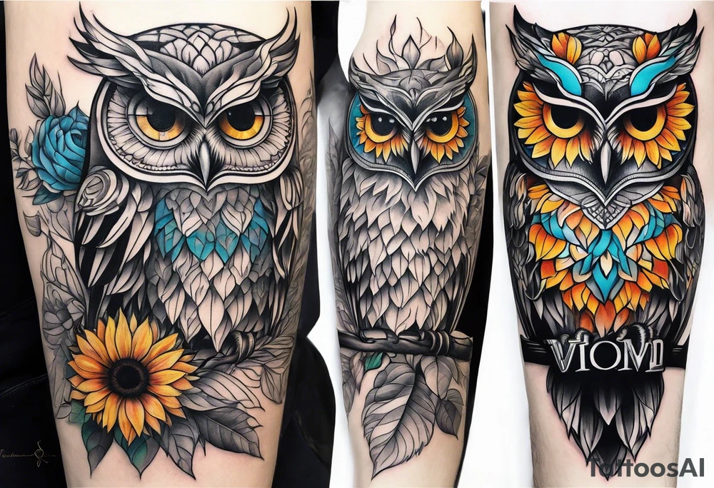 Leg sleeve with colorful sunflowers and an owl tattoo idea