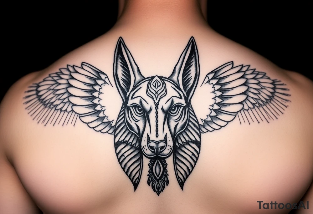 Egyptian Anubis god face muscle in Egypt style dog face surrounded Egyptian symbols tattoo idea