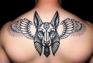Egyptian Anubis god face muscle in Egypt style dog face surrounded Egyptian symbols tattoo idea